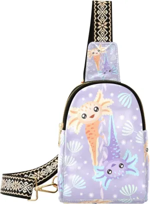 Small Sling Bag for Women Two Axolotls PC Leather Fanny Pack Crossbody Fashion Waist Packs Chest Bag for Travel Sports Running Hiking