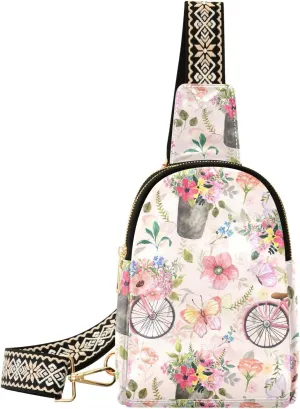 Small Sling Bag for Women Valentine's Flowers Bicycle PC Leather Fanny Pack Crossbody Pink Spring Butterfly Fashion Waist Packs Chest Bag for Travel Sports Running Hiking