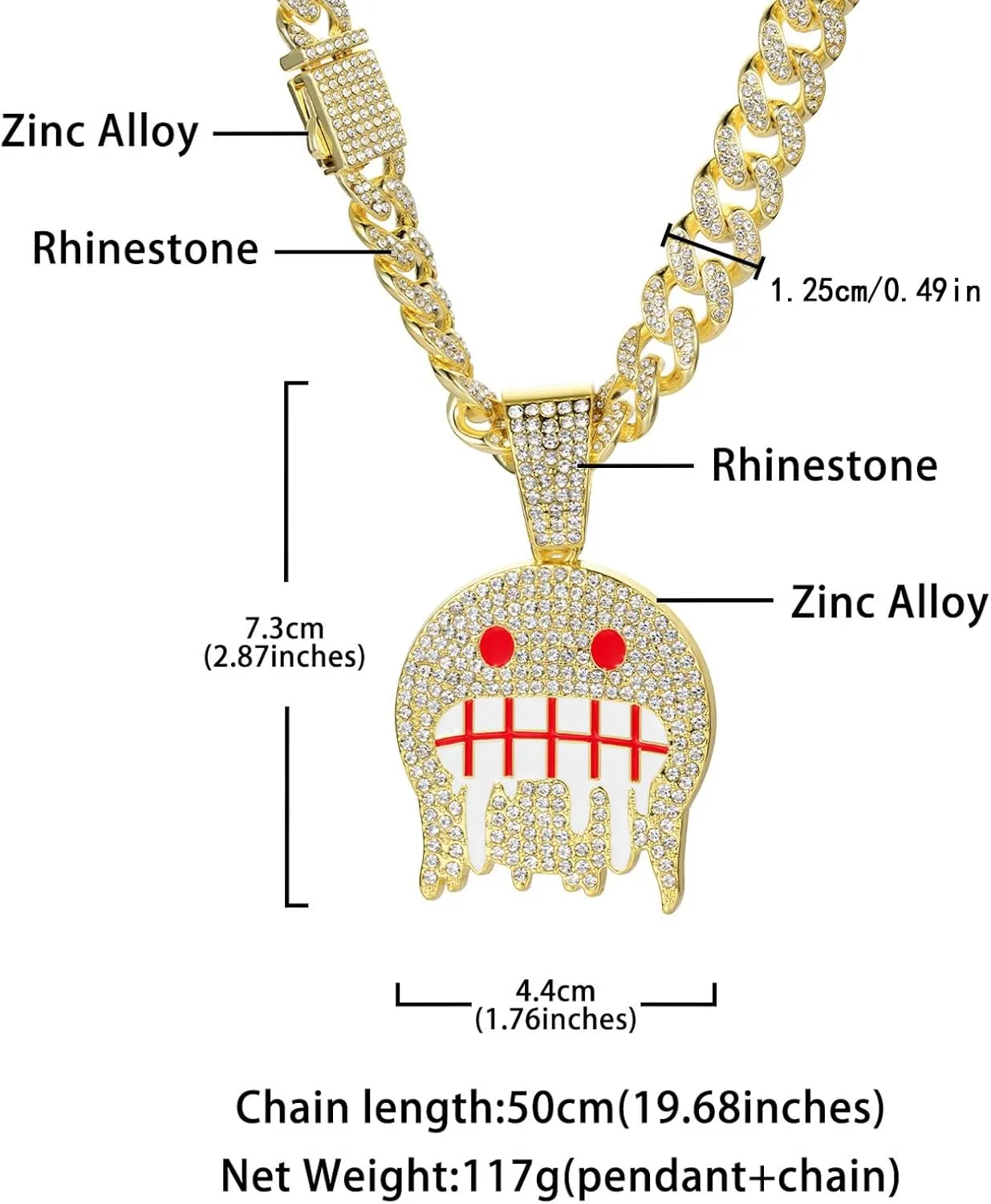 Smiling Face Hip-hop Cuban Chain, Rhinestone Pendant Necklace Jewelry For MenMen's Fashion Jewelry Silver golden