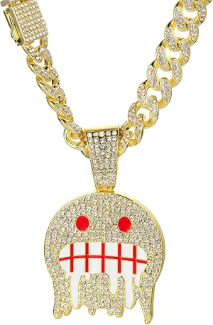 Smiling Face Hip-hop Cuban Chain, Rhinestone Pendant Necklace Jewelry For MenMen's Fashion Jewelry Silver golden
