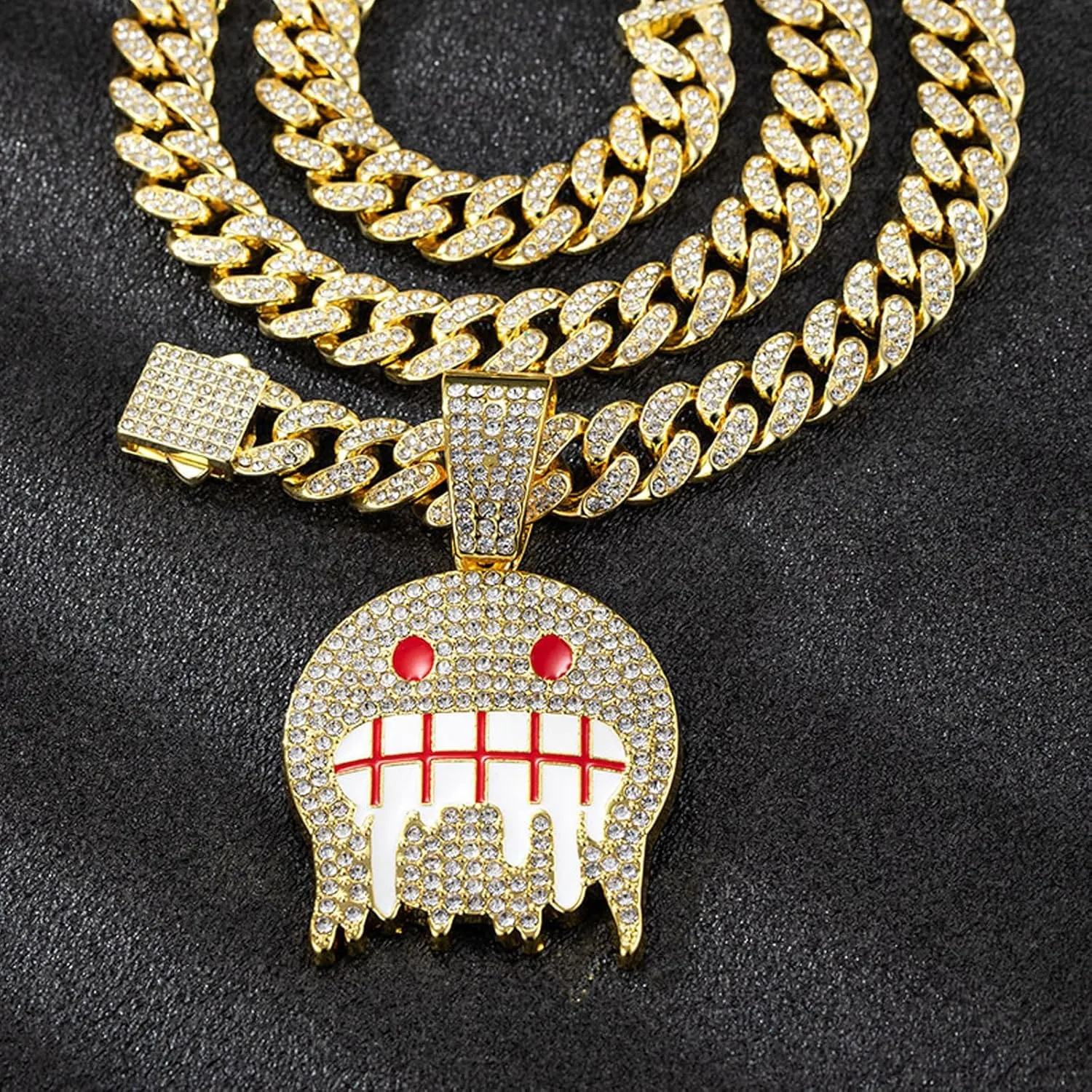 Smiling Face Hip-hop Cuban Chain, Rhinestone Pendant Necklace Jewelry For MenMen's Fashion Jewelry Silver golden