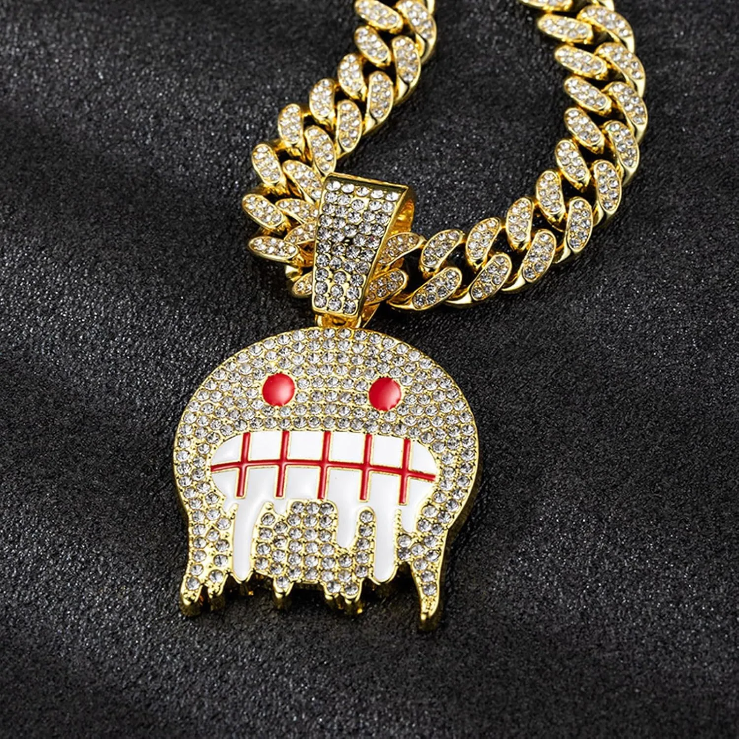 Smiling Face Hip-hop Cuban Chain, Rhinestone Pendant Necklace Jewelry For MenMen's Fashion Jewelry Silver golden