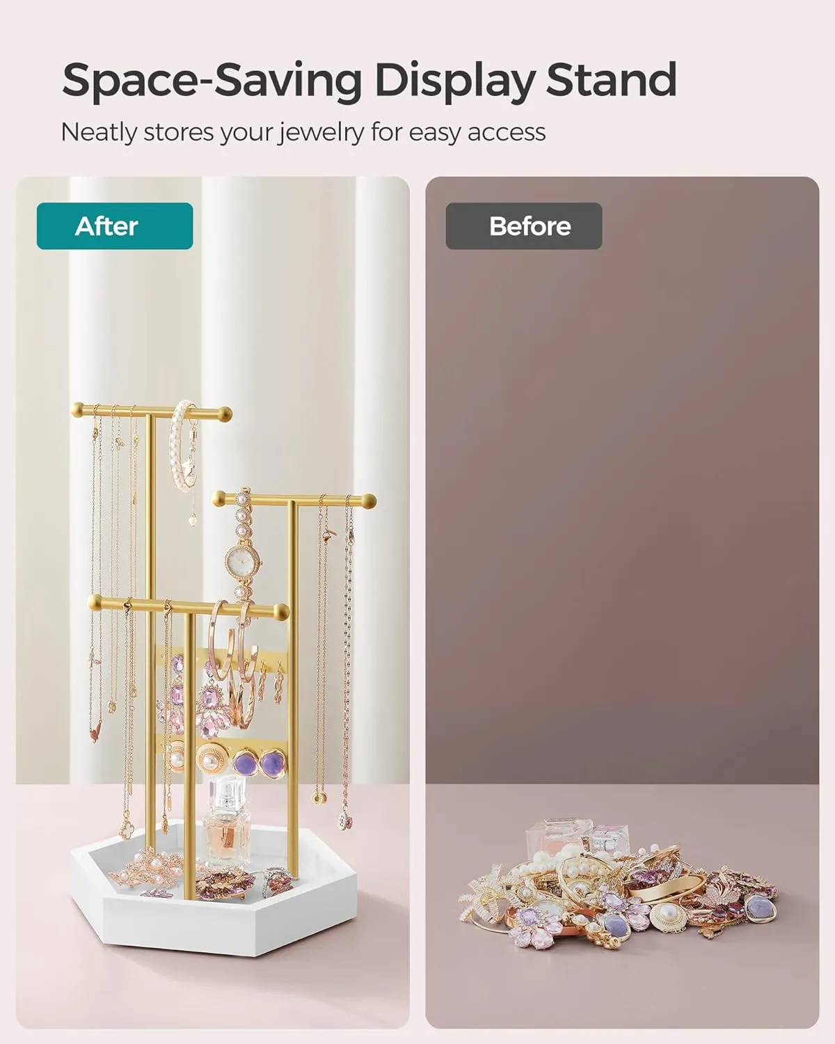 SONGMICS Jewelry Holder, Jewelry Organizer, 3 Tiers and 1 Tray, Jewelry Display Stand with Metal Frame, Necklace Earring Bracelet Holder, for Rings, Pale Gold and White UJJS003A01