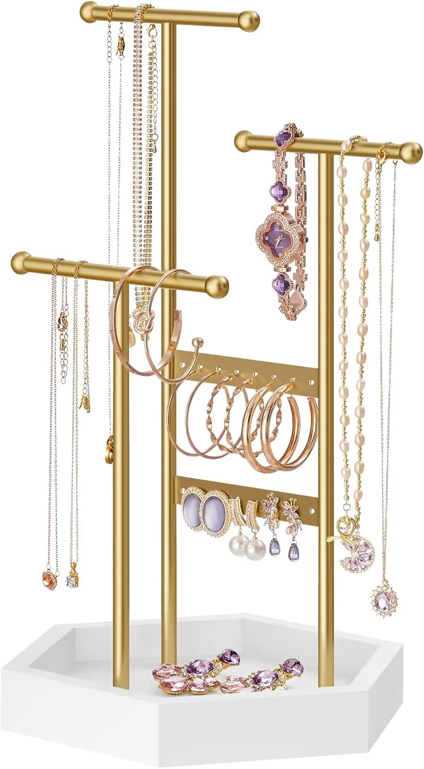 SONGMICS Jewelry Holder, Jewelry Organizer, 3 Tiers and 1 Tray, Jewelry Display Stand with Metal Frame, Necklace Earring Bracelet Holder, for Rings, Pale Gold and White UJJS003A01