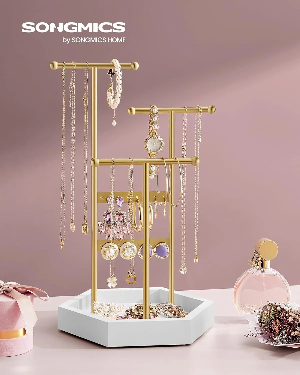 SONGMICS Jewelry Holder, Jewelry Organizer, 3 Tiers and 1 Tray, Jewelry Display Stand with Metal Frame, Necklace Earring Bracelet Holder, for Rings, Pale Gold and White UJJS003A01