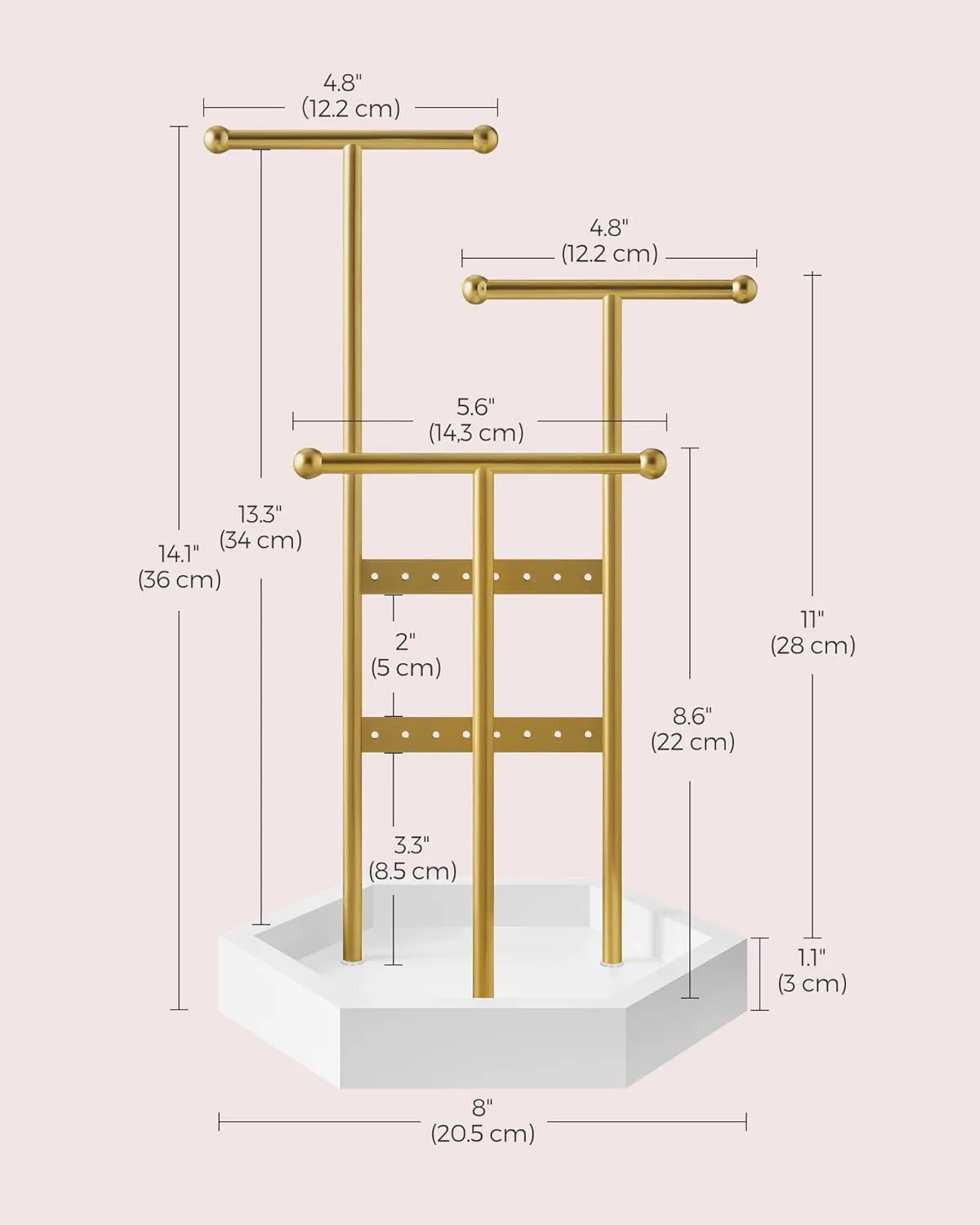 SONGMICS Jewelry Holder, Jewelry Organizer, 3 Tiers and 1 Tray, Jewelry Display Stand with Metal Frame, Necklace Earring Bracelet Holder, for Rings, Pale Gold and White UJJS003A01