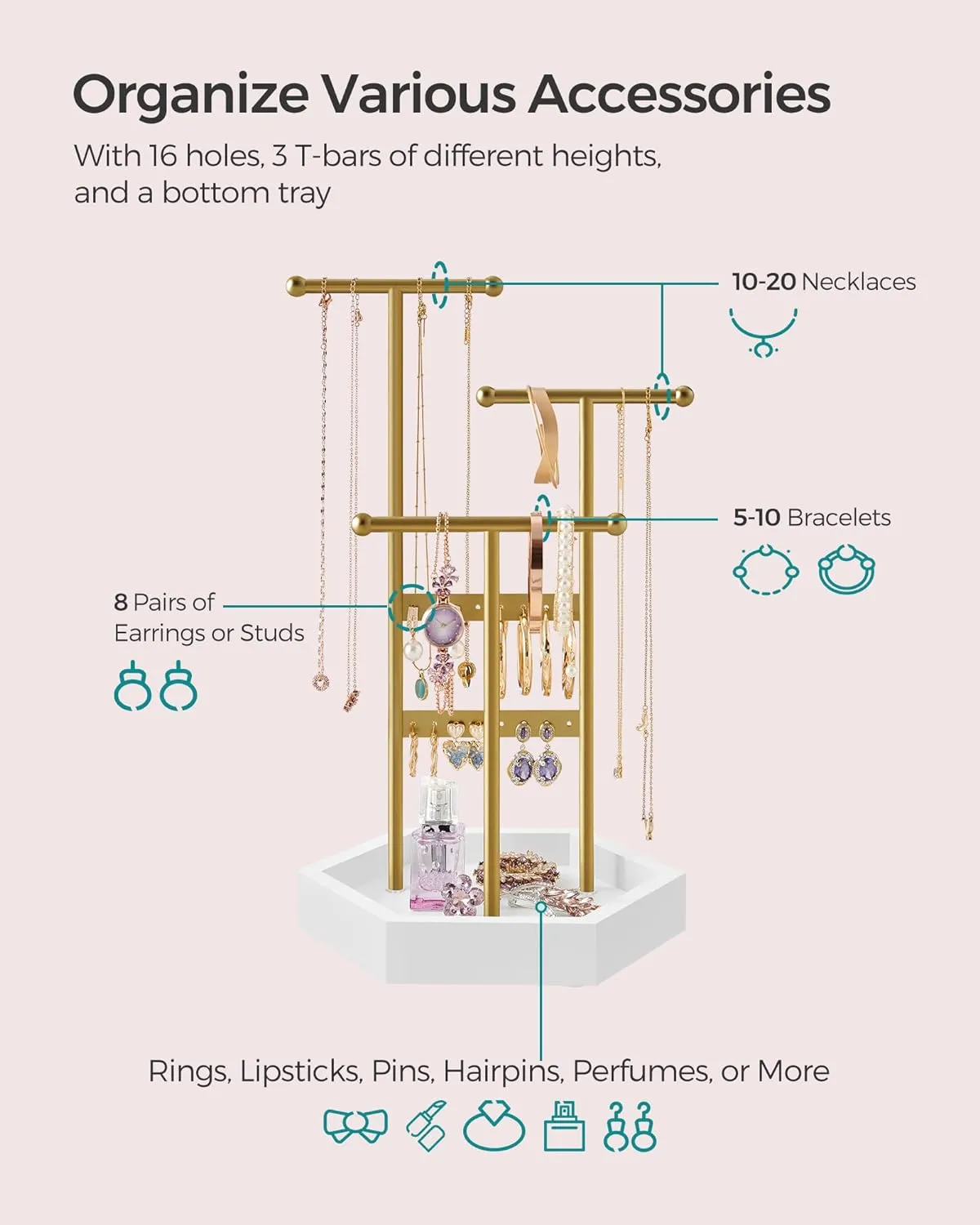 SONGMICS Jewelry Holder, Jewelry Organizer, 3 Tiers and 1 Tray, Jewelry Display Stand with Metal Frame, Necklace Earring Bracelet Holder, for Rings, Pale Gold and White UJJS003A01