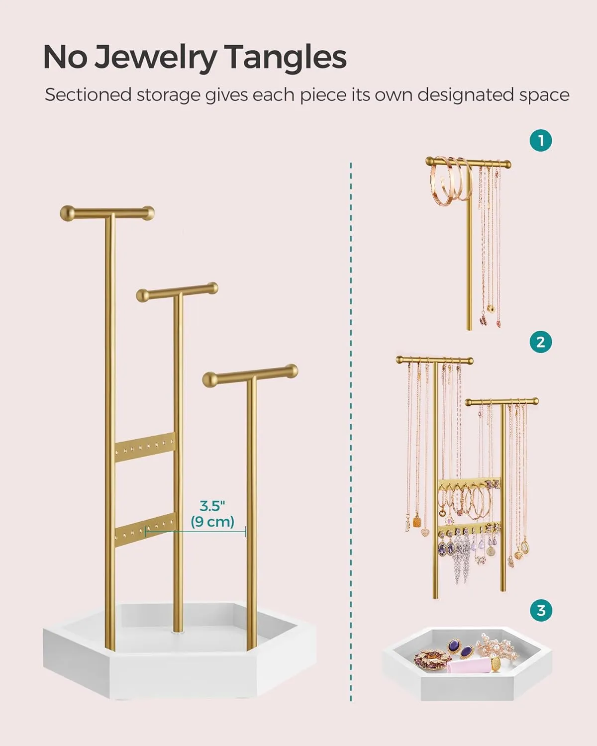 SONGMICS Jewelry Holder, Jewelry Organizer, 3 Tiers and 1 Tray, Jewelry Display Stand with Metal Frame, Necklace Earring Bracelet Holder, for Rings, Pale Gold and White UJJS003A01