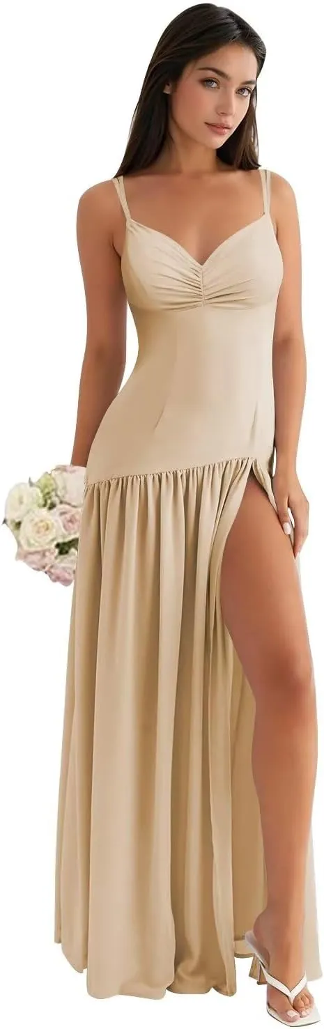 Spaghetti Straps Bridesmaid Dresses 2025 Chiffon Drop Waist Prom Dresses Long Formal Gowns XOD0466