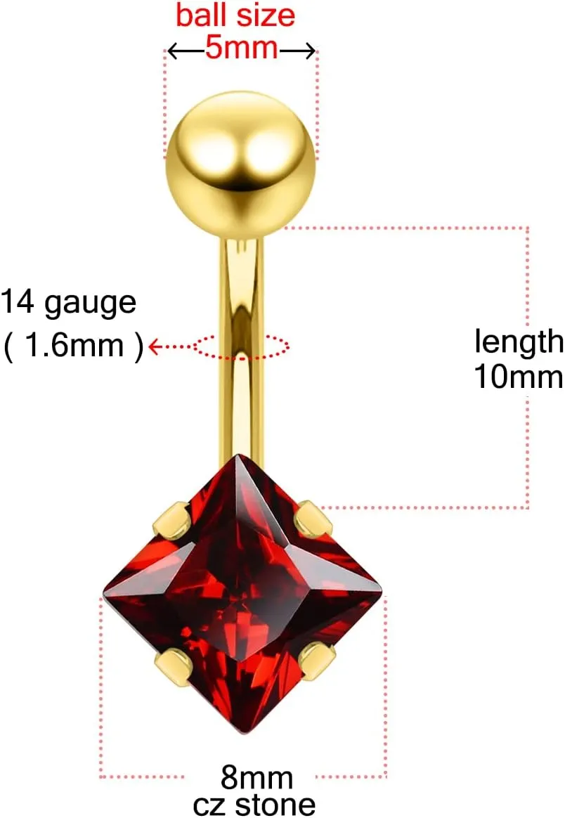 Square Cz Stone Gold Anodized 14 Gauge Stainless Steel Belly Ring - Belly Button jewelry - Navel jewelry