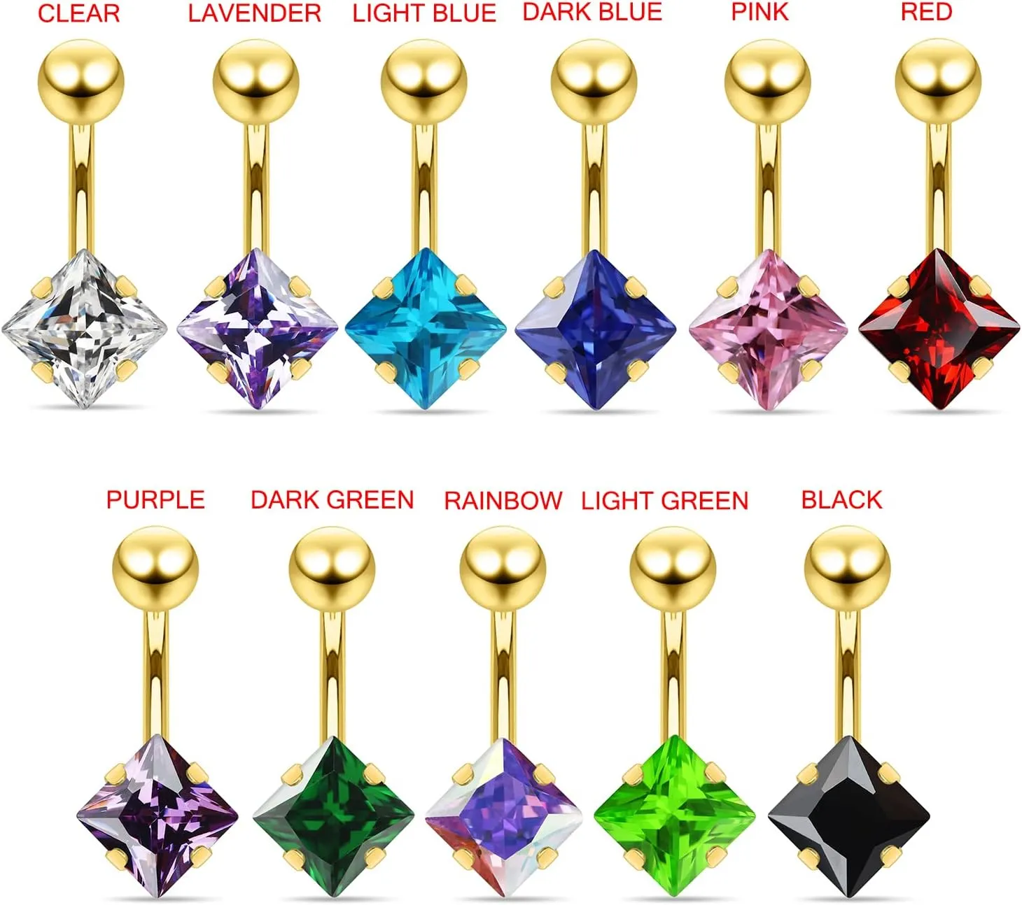 Square Cz Stone Gold Anodized 14 Gauge Stainless Steel Belly Ring - Belly Button jewelry - Navel jewelry