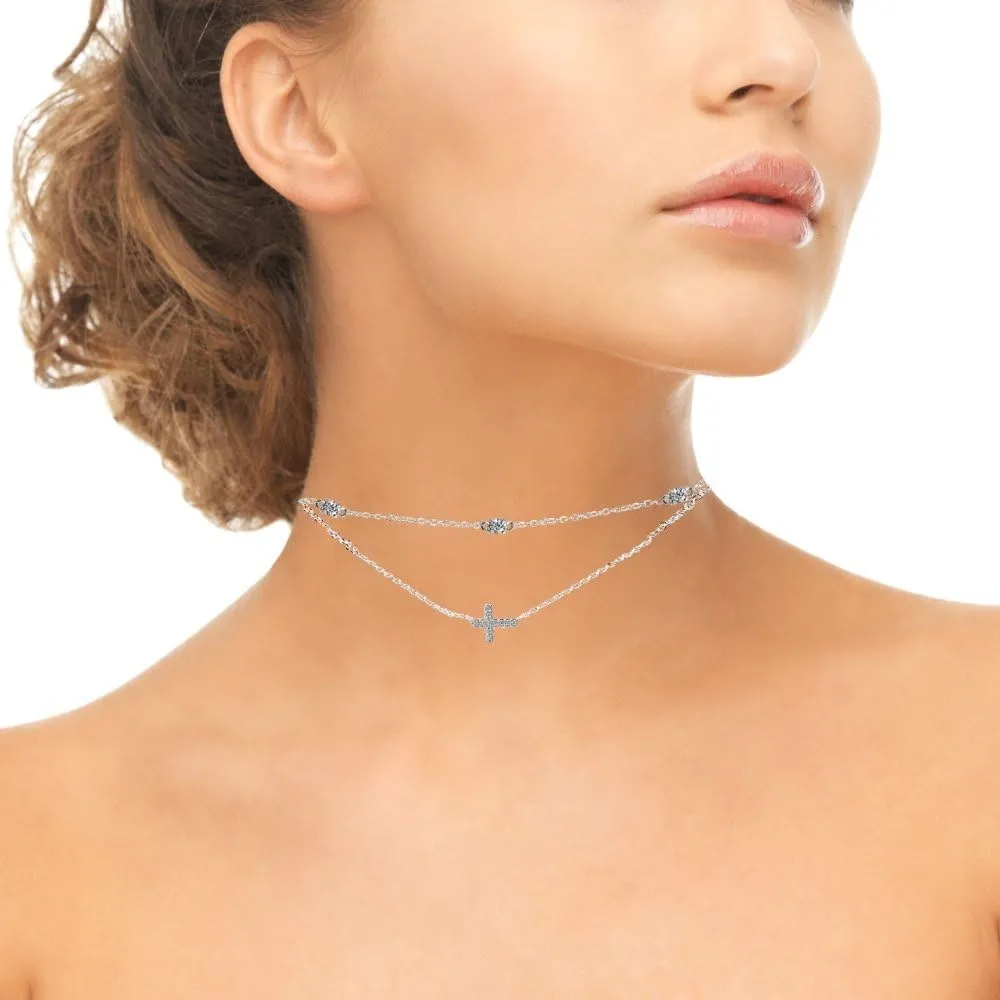 Sterling Silver Cubic Zirconia Sideways Cross Layered Choker Necklace