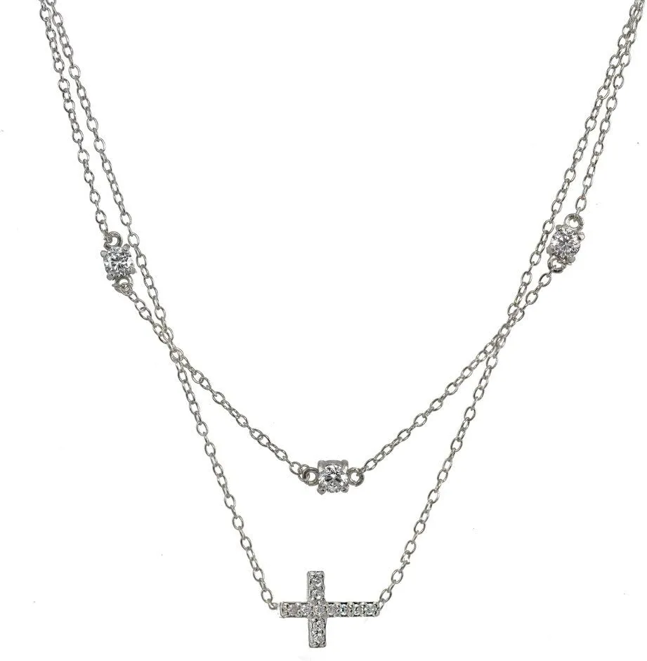 Sterling Silver Cubic Zirconia Sideways Cross Layered Choker Necklace
