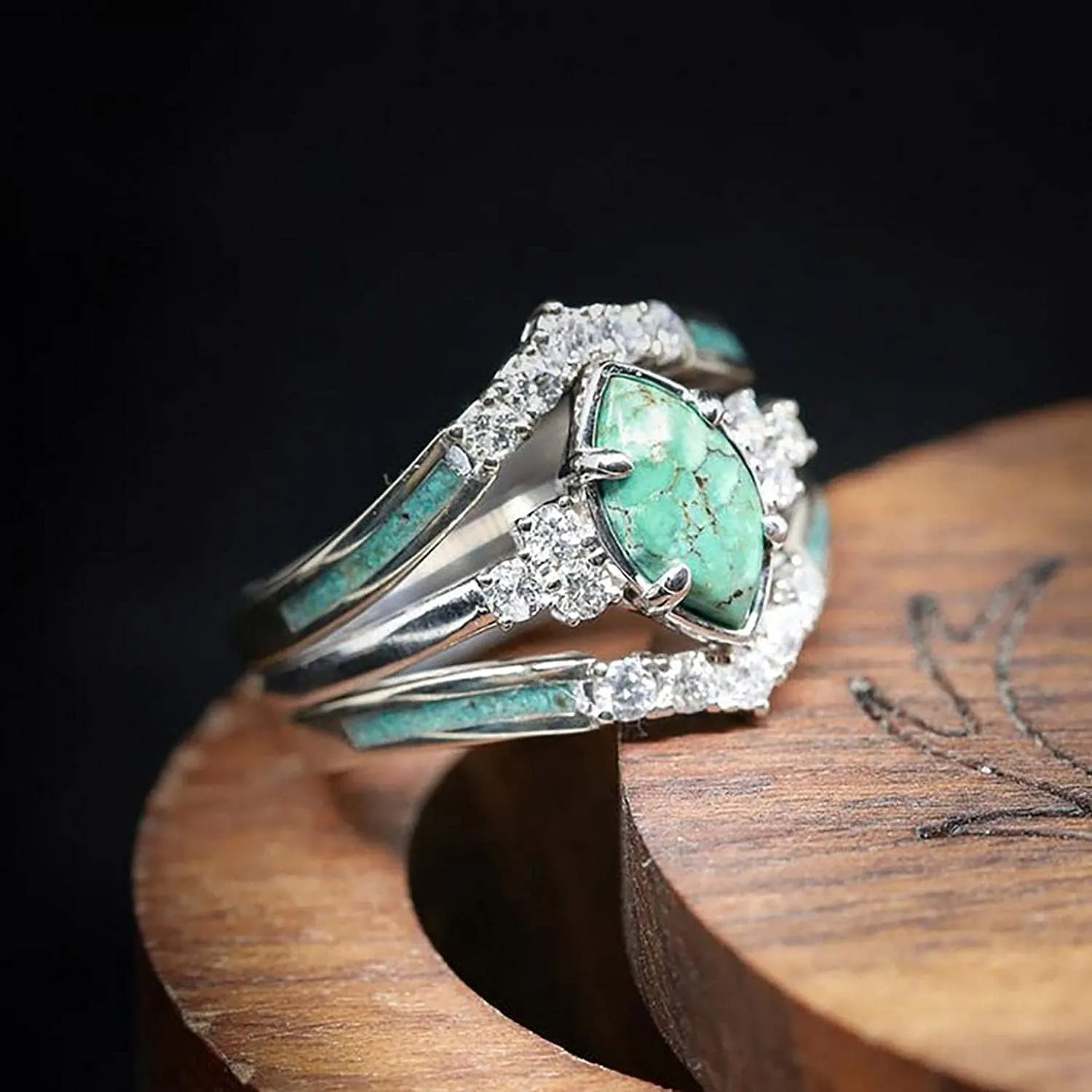 Sterling Silver Natural Turquoise Diamond 3 Piece Set Ring Simple Fashion Jewelry Popular Accessories Jewelry Gift