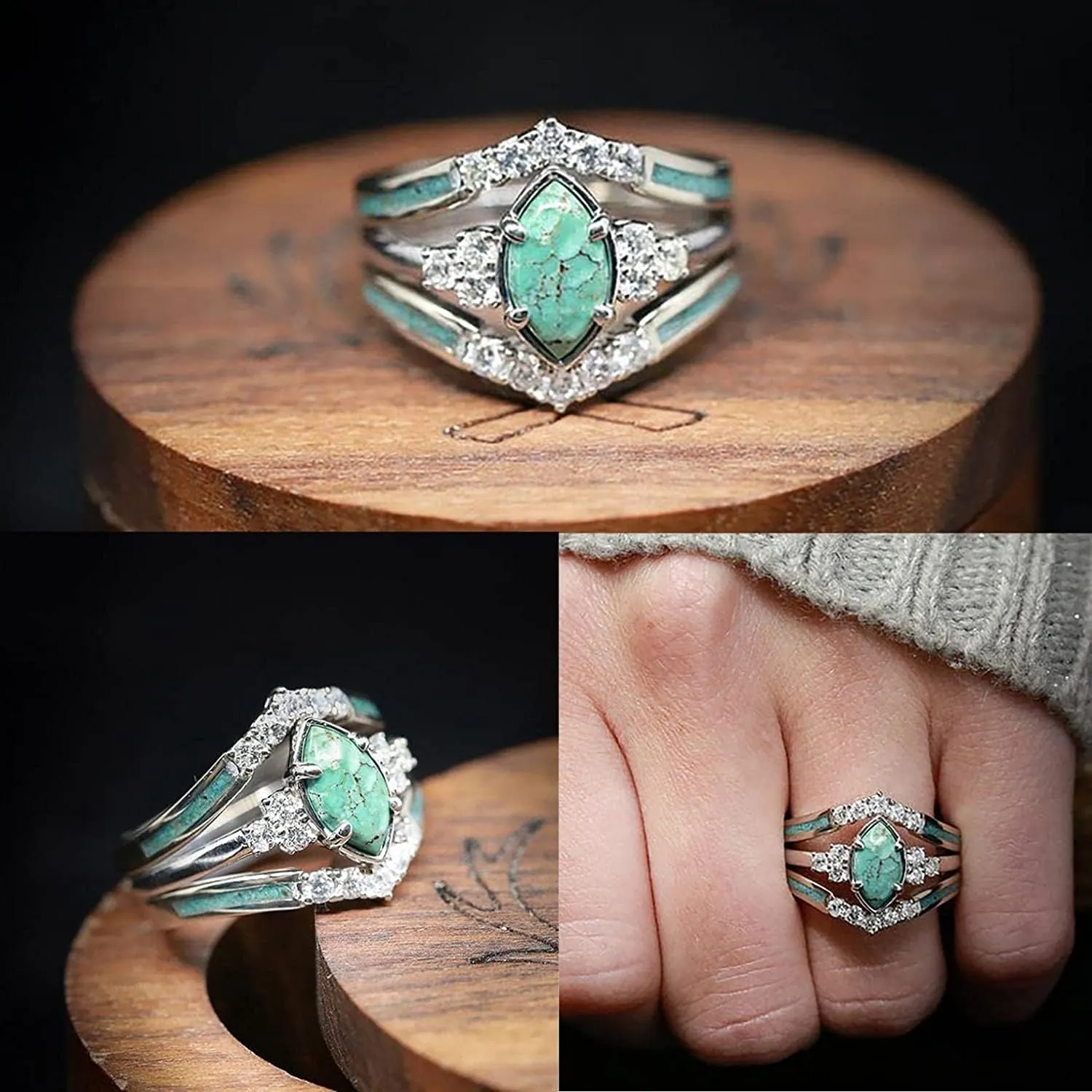 Sterling Silver Natural Turquoise Diamond 3 Piece Set Ring Simple Fashion Jewelry Popular Accessories Jewelry Gift