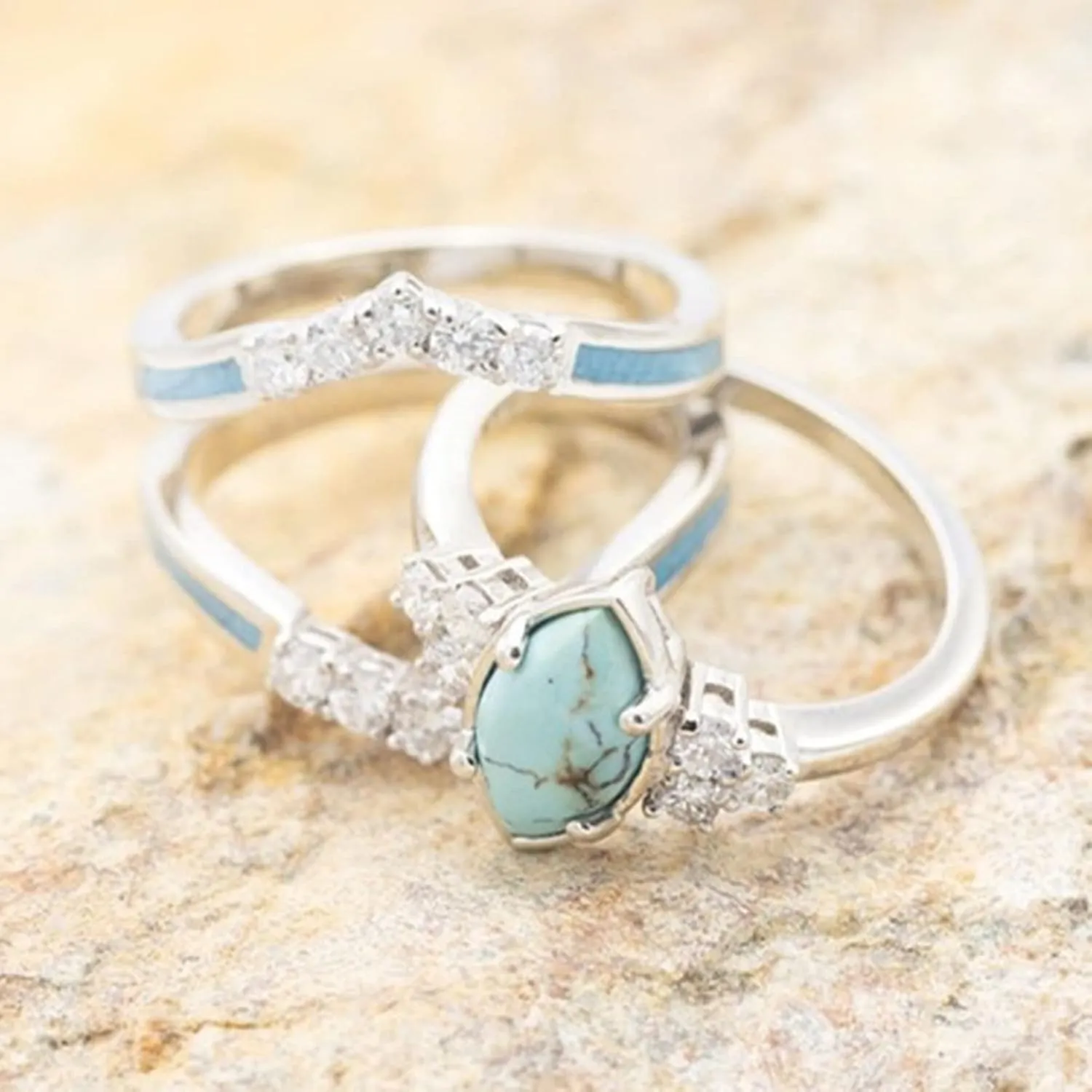 Sterling Silver Natural Turquoise Diamond 3 Piece Set Ring Simple Fashion Jewelry Popular Accessories Jewelry Gift