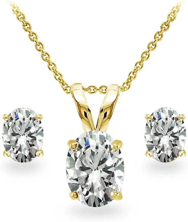 Sterling Silver Oval Cubic Zirconia Solitaire Necklace & Stud Earrings CZ Jewelry Set for Women Bridesmaids