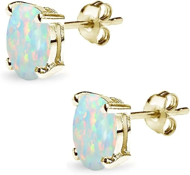 Sterling Silver Synthetic Opal Oval-Cut Solitaire Stud Earrings for Women