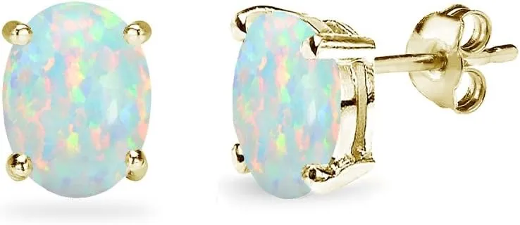 Sterling Silver Synthetic Opal Oval-Cut Solitaire Stud Earrings for Women