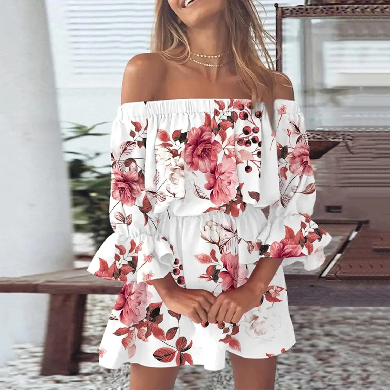Summer Boho Dresses for Women Beach Sexy Off Shoulder Tunic Sundresses Casual Loose Fit Short Sleeve Mini Floral Dress