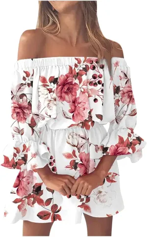 Summer Boho Dresses for Women Beach Sexy Off Shoulder Tunic Sundresses Casual Loose Fit Short Sleeve Mini Floral Dress