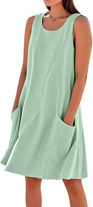 Summer Crinkle Linen Sundress for Women Sleeveless Tank Dress Breathable Beach Wedding Guest & Vacation Dress