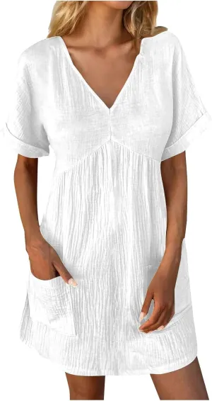 Summer Dress for Women 2024 Trendy Casual V-Neck Short Sleeve Solid Sundress Loose Flowy Beach Dress with Pockets