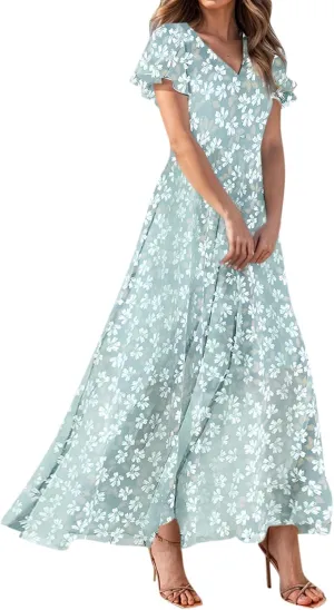 Summer Dress for Women 2025 Elegant Classy Swing Flowy V Neck Boho Sun Dresses Trendy Casual Vacation Long Sundresses