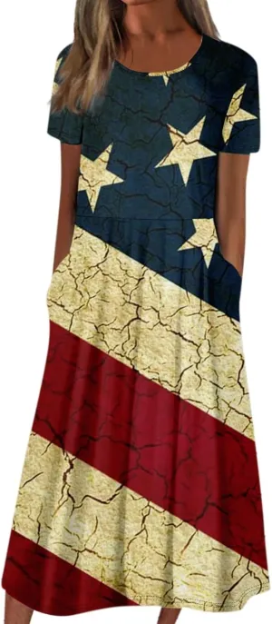 Summer Dresses for Women 2025 Beach Short Sleeve Loose Midi Dress with Pockets
