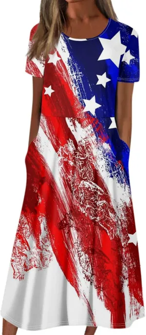 Summer Dresses for Women 2025 Beach Short Sleeve Loose Midi Dress with Pockets