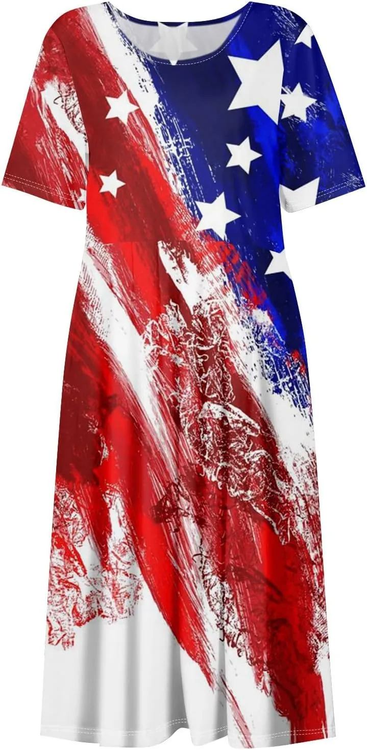 Summer Dresses for Women 2025 Beach Short Sleeve Loose Midi Dress with Pockets