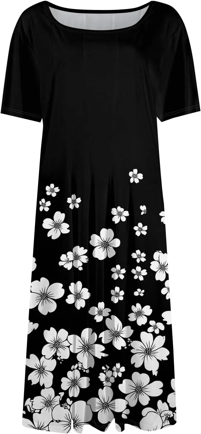 Summer Dresses for Women 2025 Casual Short Sleeve Round Neck Midi Dresses Elegant Pleated A Line Empire Waist Dress