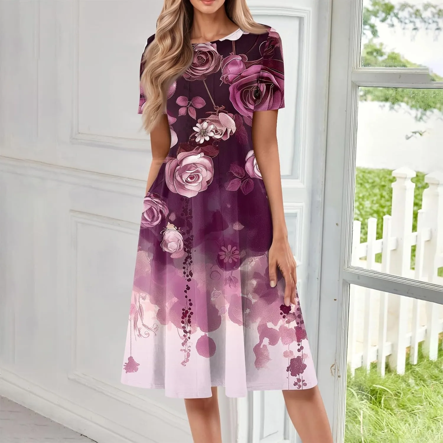 Summer Dresses for Women 2025 Casual Short Sleeve Round Neck Midi Dresses Elegant Pleated A Line Empire Waist Dress