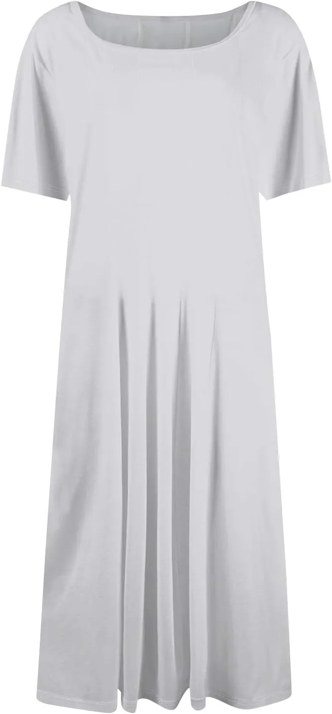 Summer Dresses for Women 2025 Casual Short Sleeve Round Neck Midi Dresses Elegant Pleated A Line Empire Waist Dress