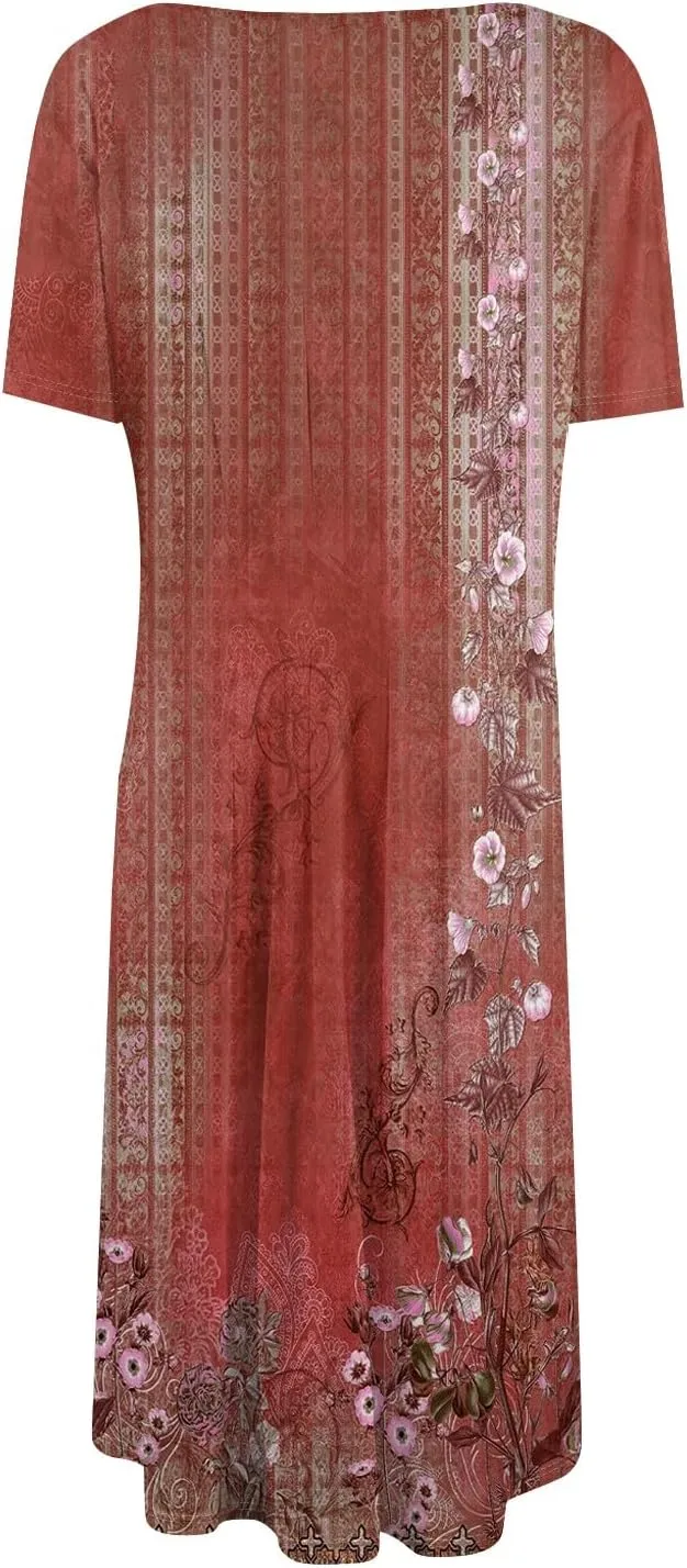 Summer Dresses for Women 2025 Casual Short Sleeve Round Neck Midi Dresses Elegant Pleated A Line Empire Waist Dress