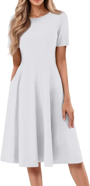Summer Dresses for Women 2025 Casual Short Sleeve Round Neck Midi Dresses Elegant Pleated A Line Empire Waist Dress