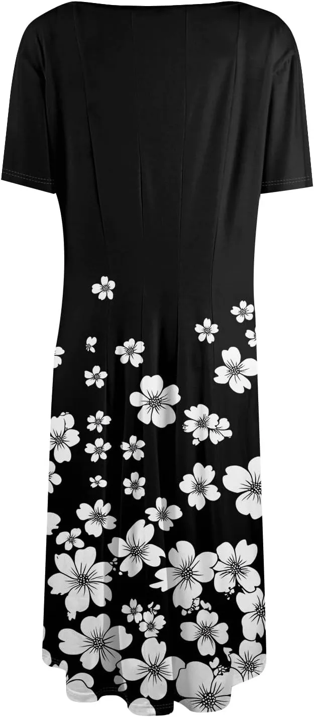Summer Dresses for Women 2025 Casual Short Sleeve Round Neck Midi Dresses Elegant Pleated A Line Empire Waist Dress