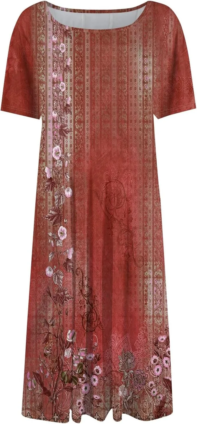 Summer Dresses for Women 2025 Casual Short Sleeve Round Neck Midi Dresses Elegant Pleated A Line Empire Waist Dress