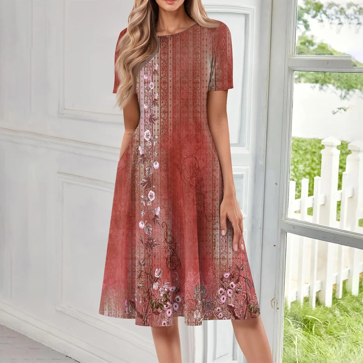 Summer Dresses for Women 2025 Casual Short Sleeve Round Neck Midi Dresses Elegant Pleated A Line Empire Waist Dress