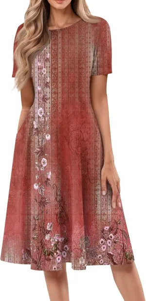 Summer Dresses for Women 2025 Casual Short Sleeve Round Neck Midi Dresses Elegant Pleated A Line Empire Waist Dress