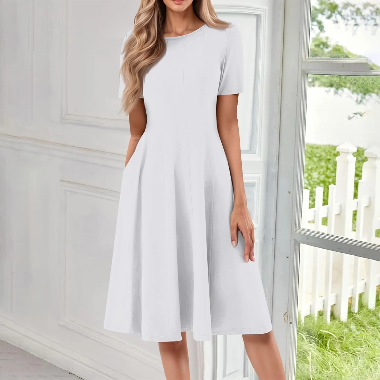 Summer Dresses for Women 2025 Casual Short Sleeve Round Neck Midi Dresses Elegant Pleated A Line Empire Waist Dress