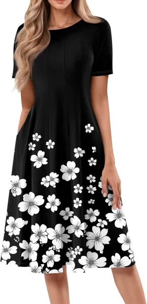 Summer Dresses for Women 2025 Casual Short Sleeve Round Neck Midi Dresses Elegant Pleated A Line Empire Waist Dress
