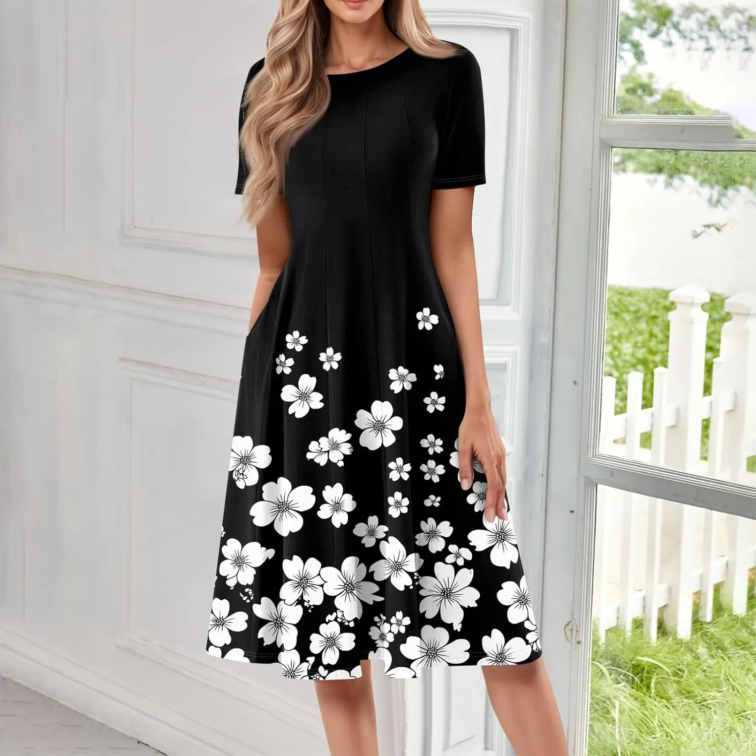 Summer Dresses for Women 2025 Casual Short Sleeve Round Neck Midi Dresses Elegant Pleated A Line Empire Waist Dress