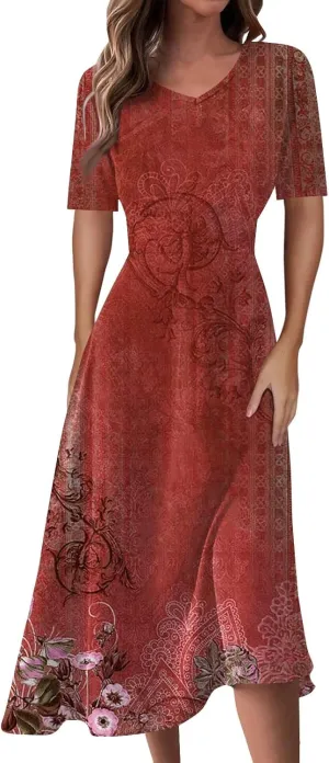 Summer Dresses for Women 2025 Midi Short Sleeve Elegant Flowy A Line Dress