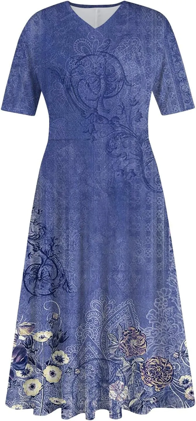 Summer Dresses for Women 2025 Midi Short Sleeve Elegant Flowy A Line Dress