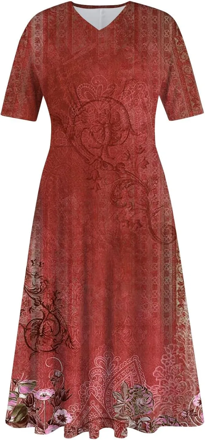 Summer Dresses for Women 2025 Midi Short Sleeve Elegant Flowy A Line Dress