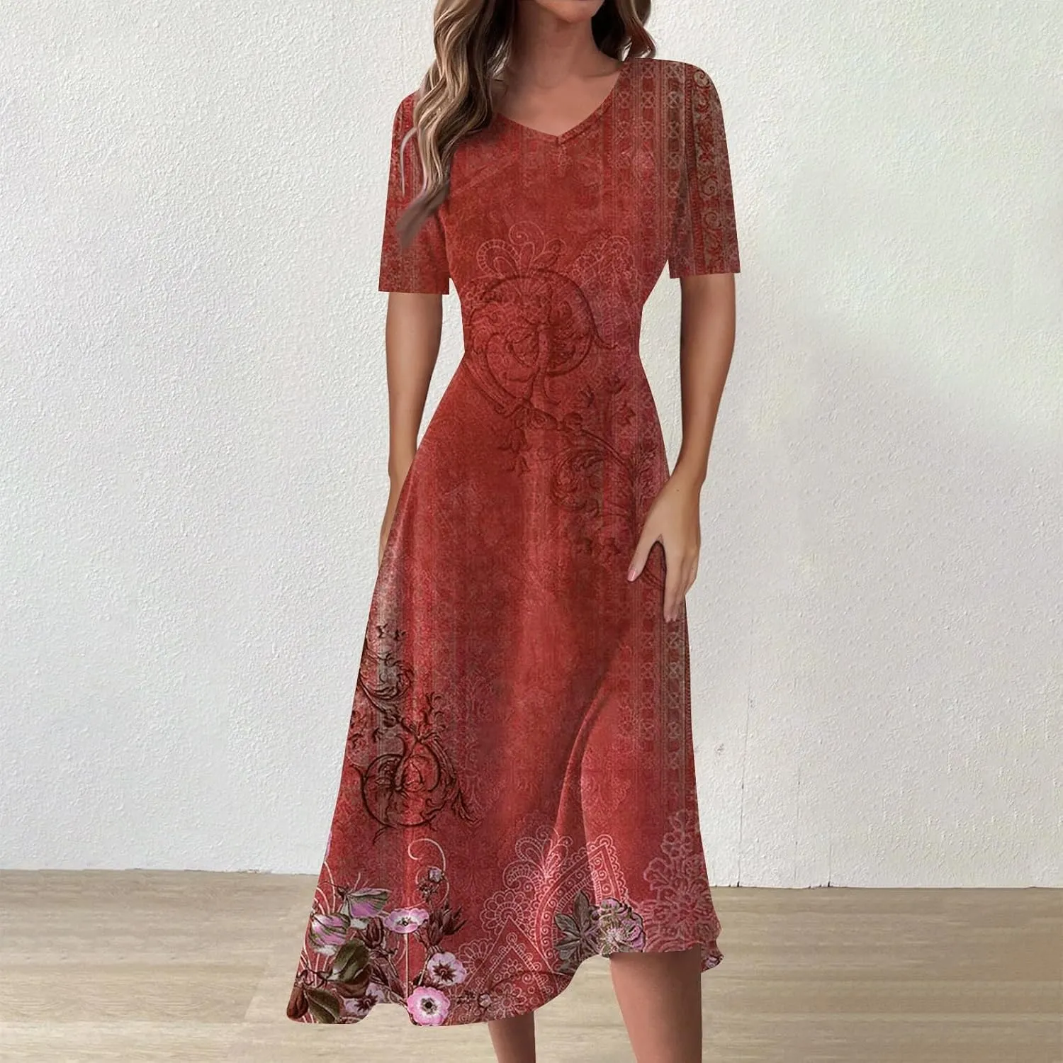 Summer Dresses for Women 2025 Midi Short Sleeve Elegant Flowy A Line Dress