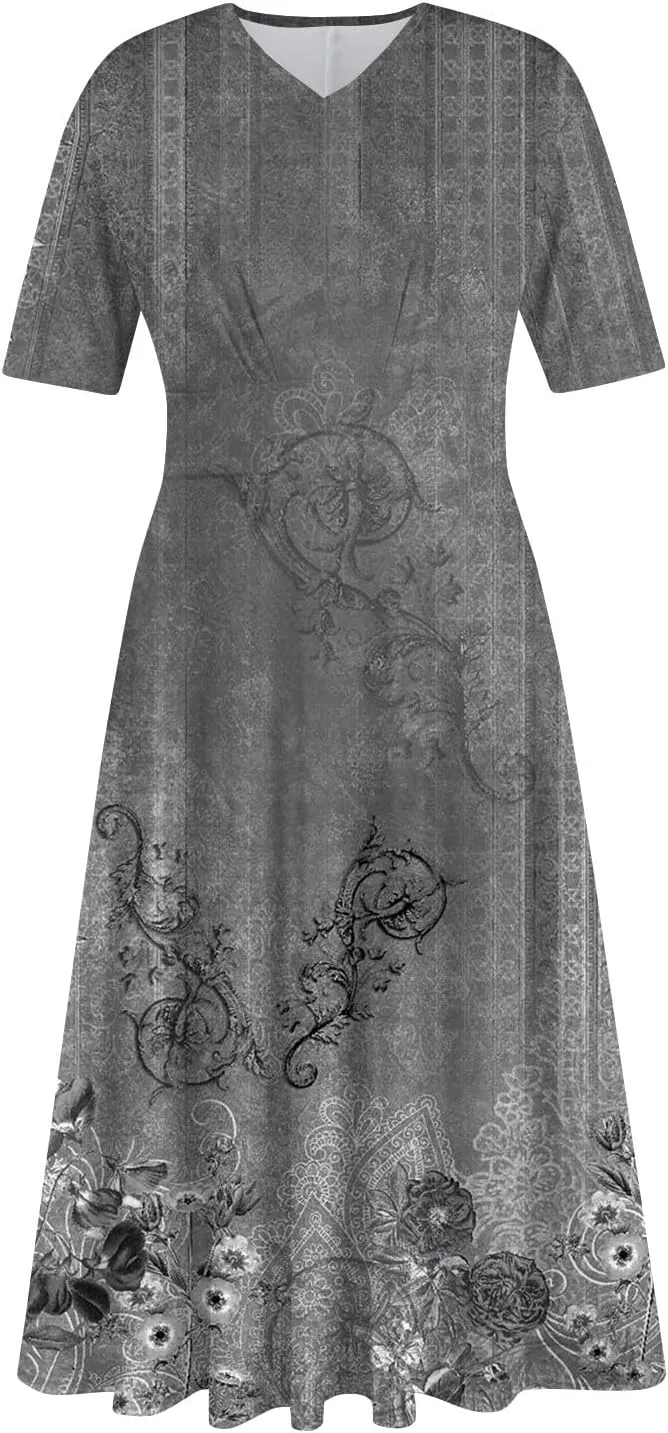 Summer Dresses for Women 2025 Midi Short Sleeve Elegant Flowy A Line Dress