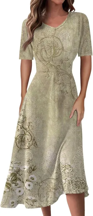 Summer Dresses for Women 2025 Midi Short Sleeve Elegant Flowy A Line Dress
