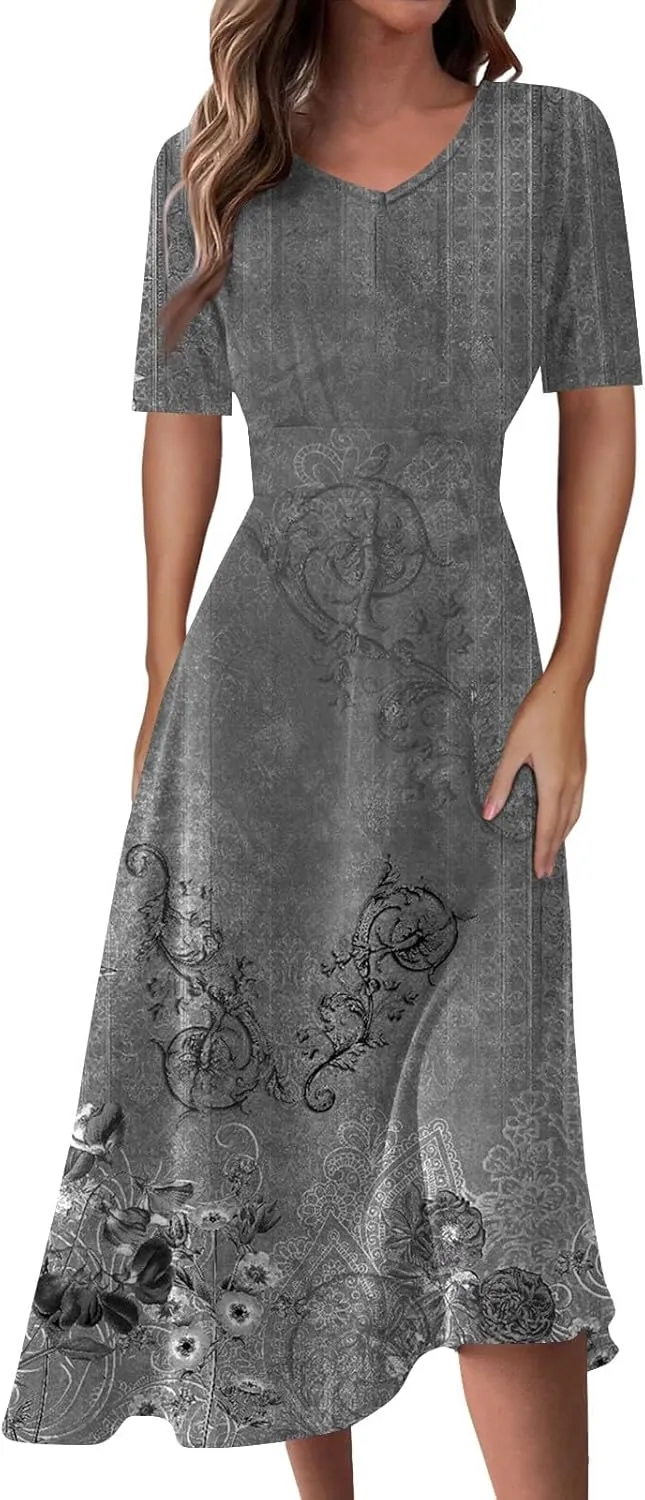 Summer Dresses for Women 2025 Midi Short Sleeve Elegant Flowy A Line Dress